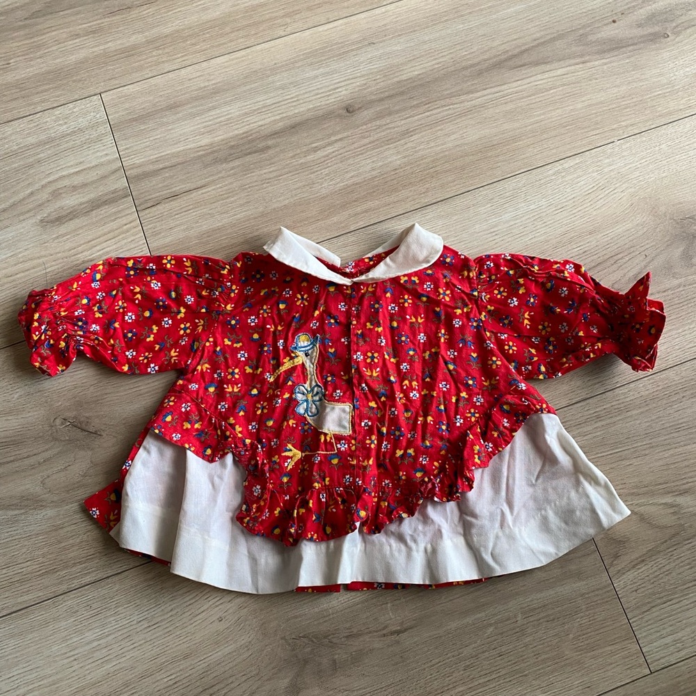 Vintage Floral Red Shirt with Embroidered Bird